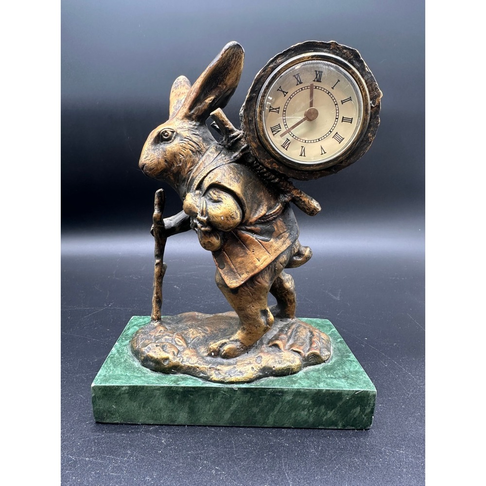 Vintage Alice in Wonderland White Rabbit Desk Clock Bronze Finish Marble Base